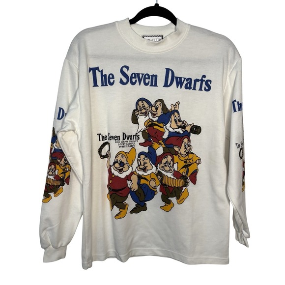 C.K. Club Tops - Vintage The Seven Dwarfs T-shirt AOP C.K. Club Graphic White Long Sleeve 90s